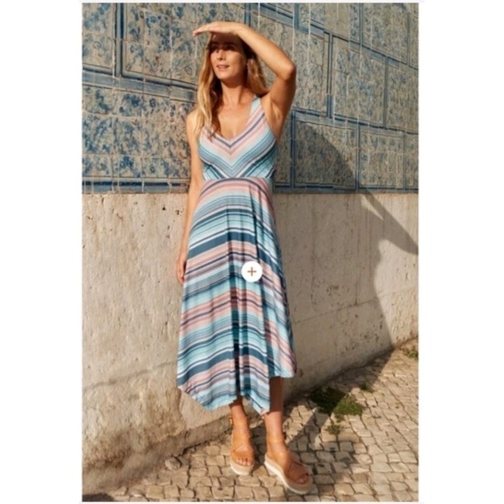 PrAna Josepina Maxi Dress Womens Large Striped Handkerchief Hem V-Neck